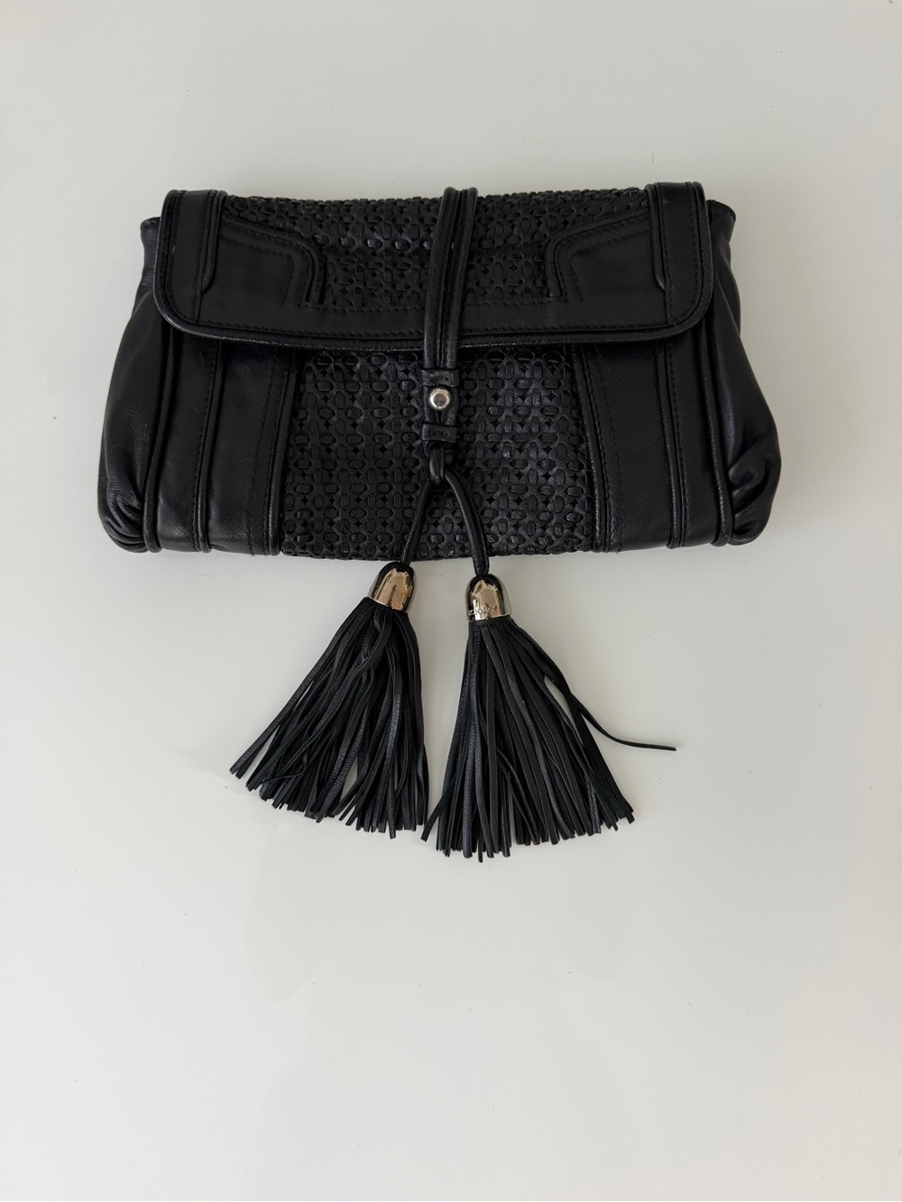 Zac Posen Black Leather Tassel Clutch Foldover Evening Bag Made in Italy